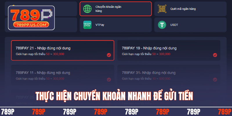Thực hiện chuyển khoản nhanh để gửi tiền